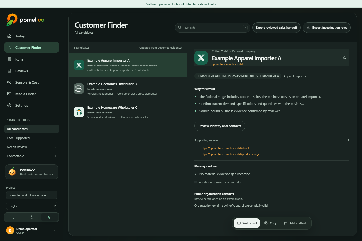 POMELLOO Customer Finder in dark appearance, with fictional companies, an evidence panel and review controls.