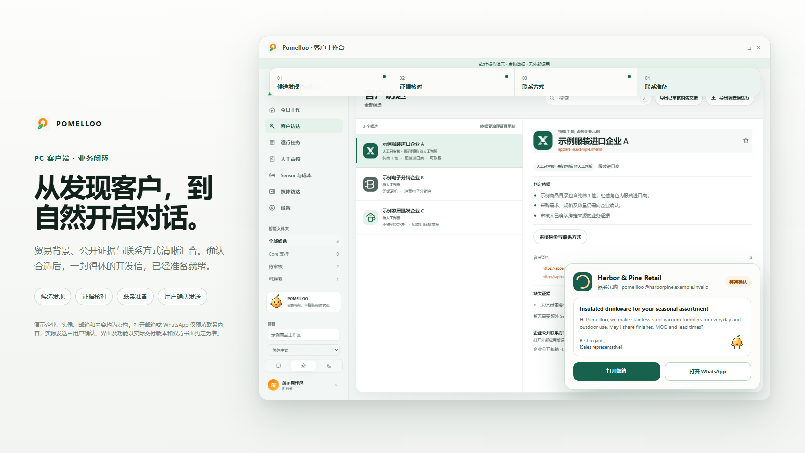 POMELLOO 电脑端效果展示，包含虚构候选企业、证据审核与准备好的开发信草稿。